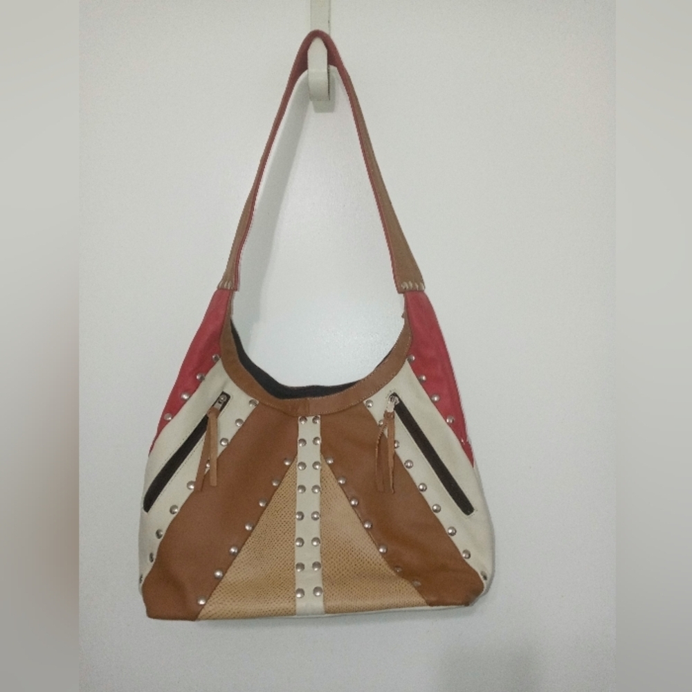 Retro Hippie Bohemian 70's Style Faux leather mixed Media Shoulder bag w studs